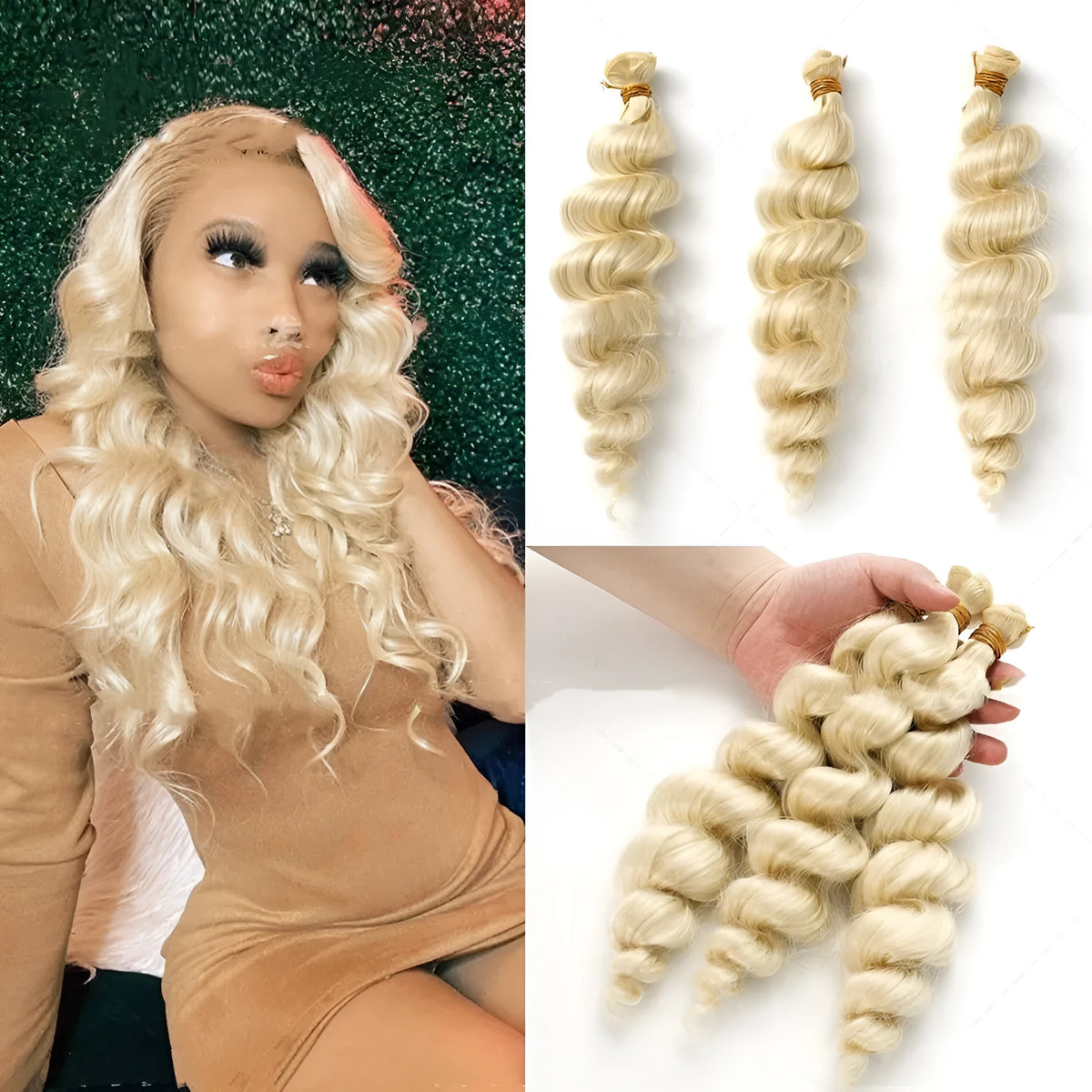 Women's golden synthetic wig showing length options with heat-resistant chemical fibre material
