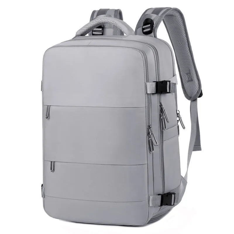 Large purple travel backpack for women showing multiple compartments and an air pillow belt system.
