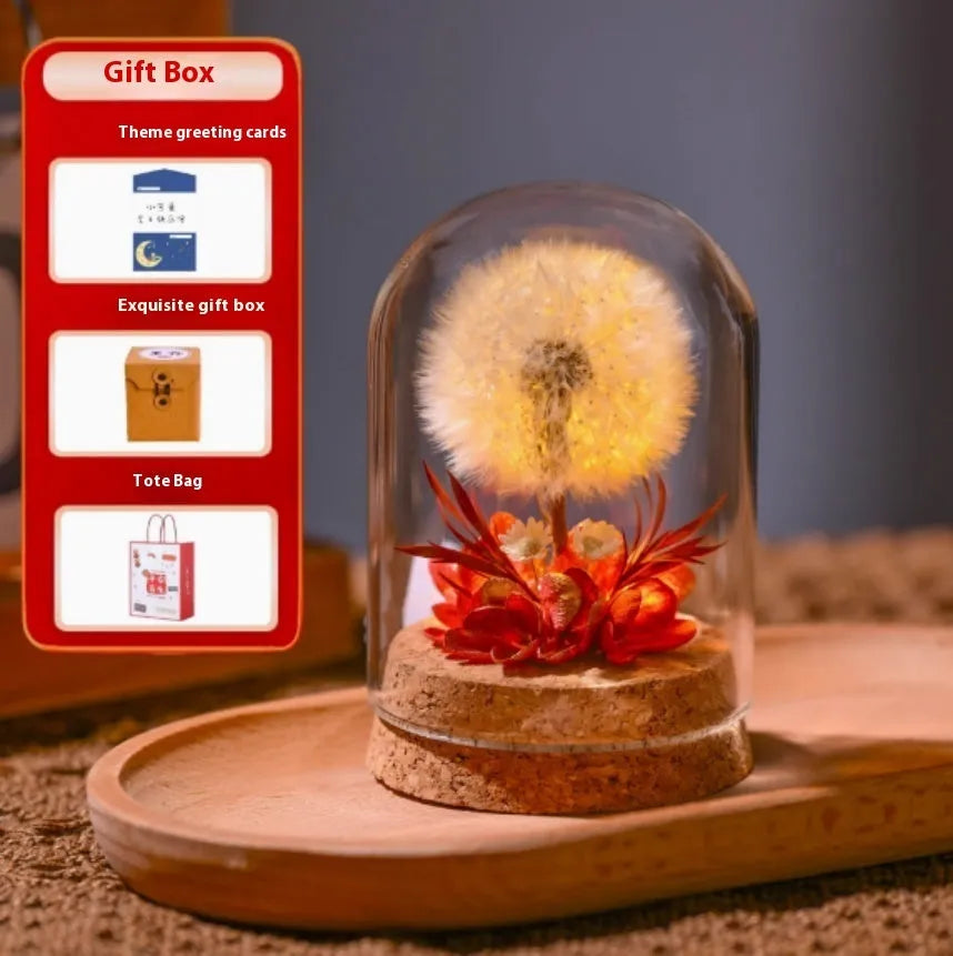 Glass dandelion-shaped night light ornament with gradient colour options on display surface