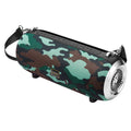 Square fabric and plastic portable Bluetooth speaker with shoulder strap and mobile phone stand.