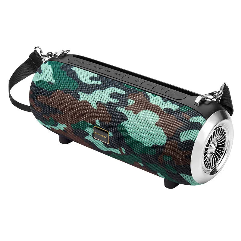 Square fabric and plastic portable Bluetooth speaker with shoulder strap and mobile phone stand.