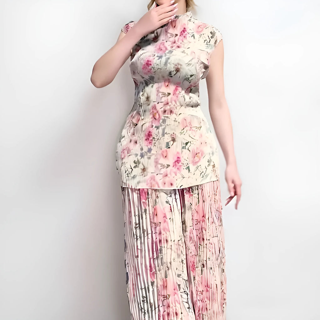 Women's long sleeve printed chiffon two-piece dress with floral pattern and high-waist skirt.