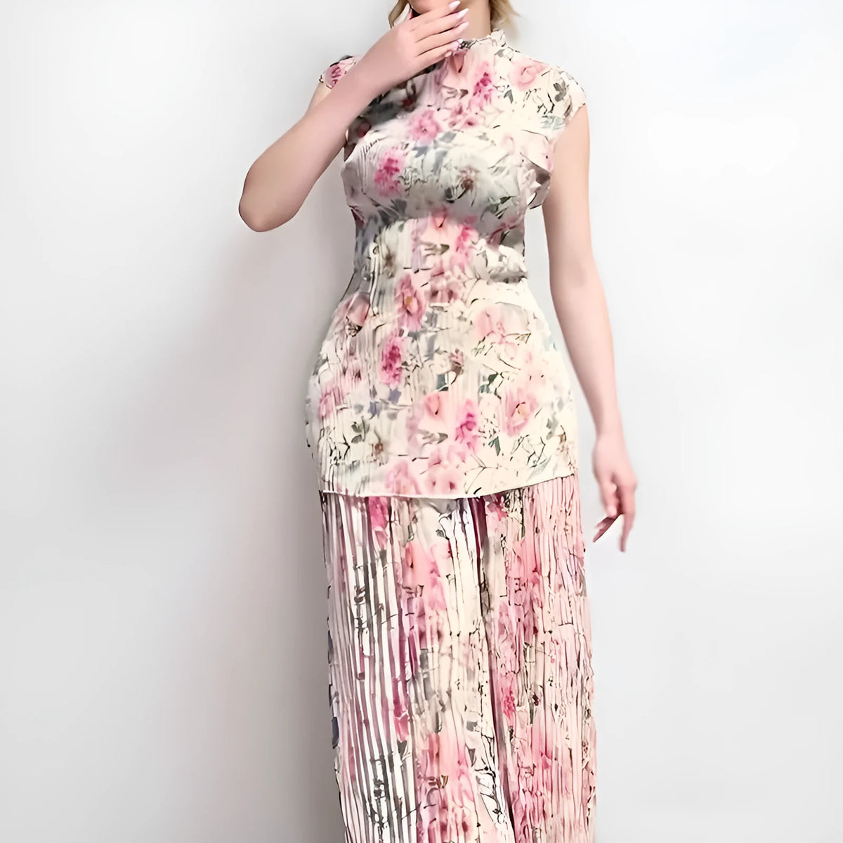 Women's long sleeve printed chiffon two-piece dress with floral pattern and high-waist skirt.