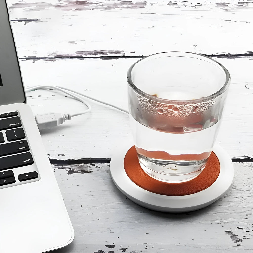USB heating coaster in black, blue, and orange colours with insulated design