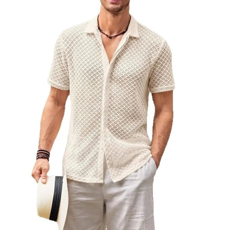 Men's solid colour mesh short sleeve shirt with lapel and cardigan style