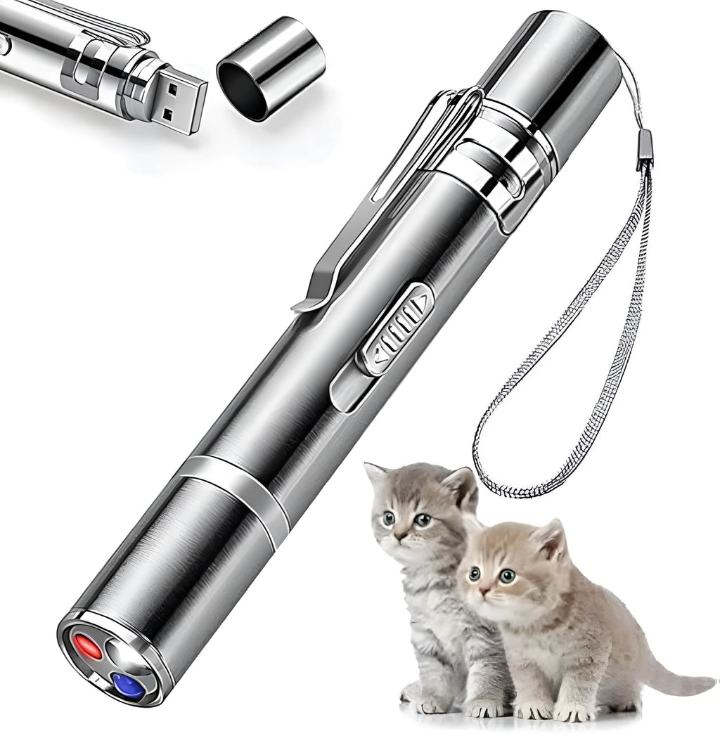 Silver aluminium cat toy pointer wand with light patterns for interactive indoor pet play
