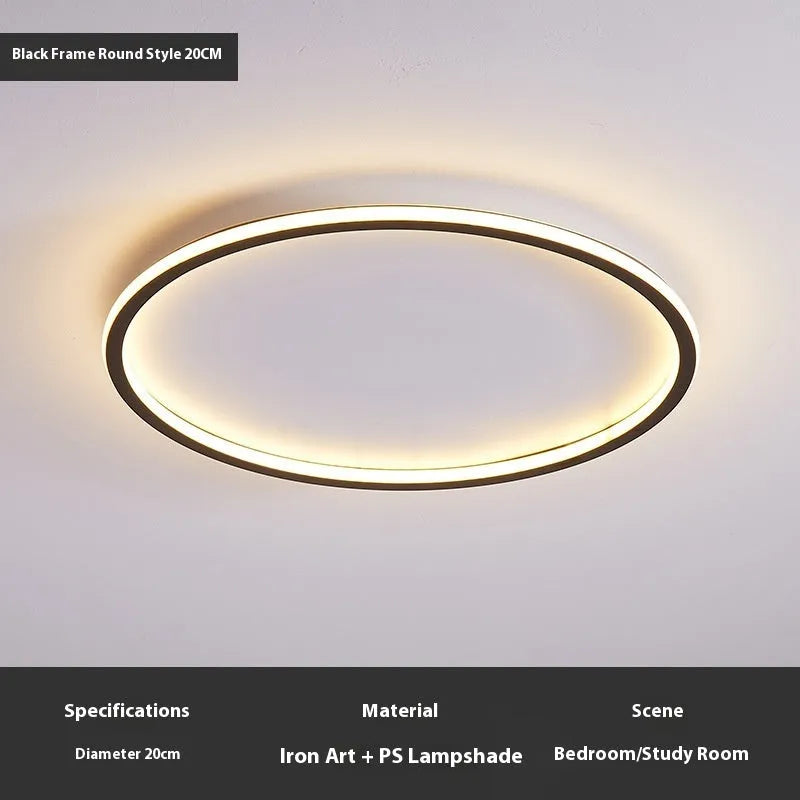 Modern minimalist black ceiling lamp with LED lights and dimming control on a bedroom ceiling.