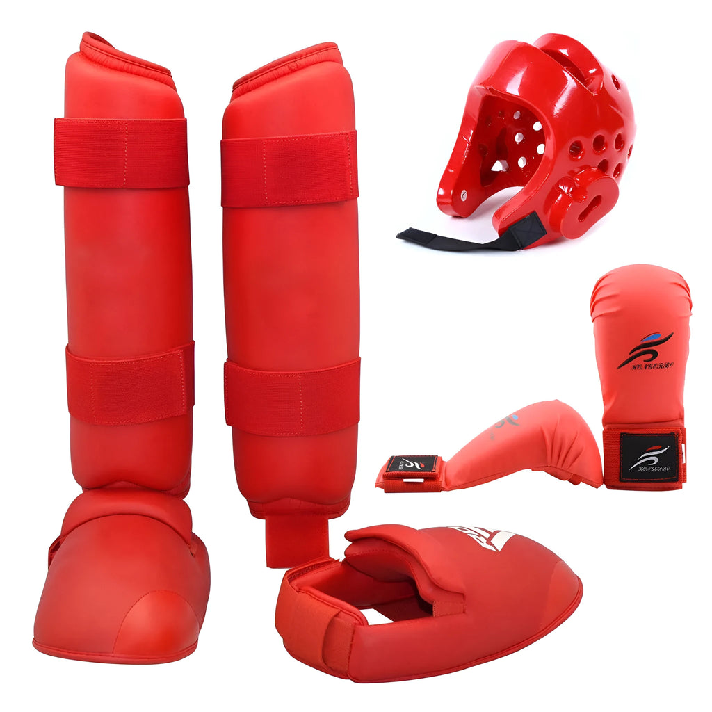 Red and blue karate protective gear set showing leg guards, helmet, and boxing gloves on a white background.