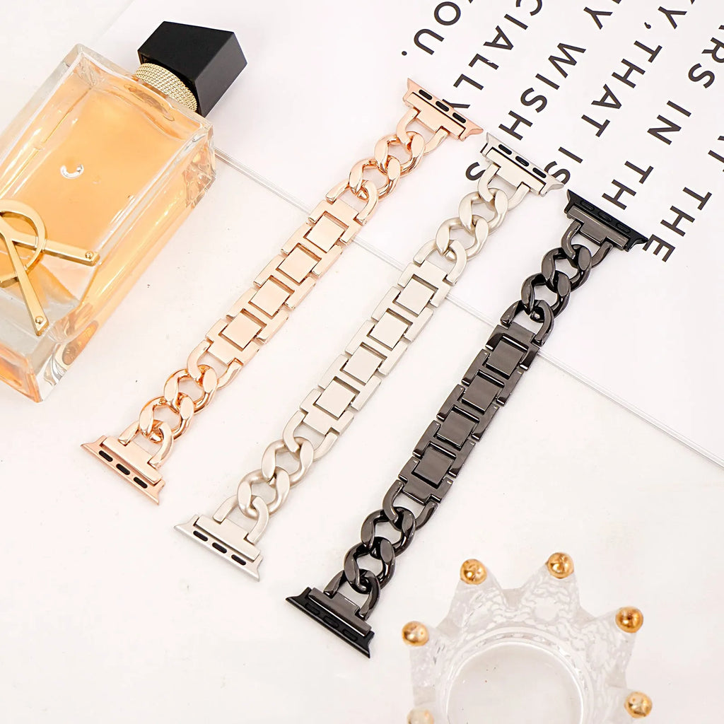 Metal chain link watch strap for Apple Watch in silver gold black rose gold and starlight finishes