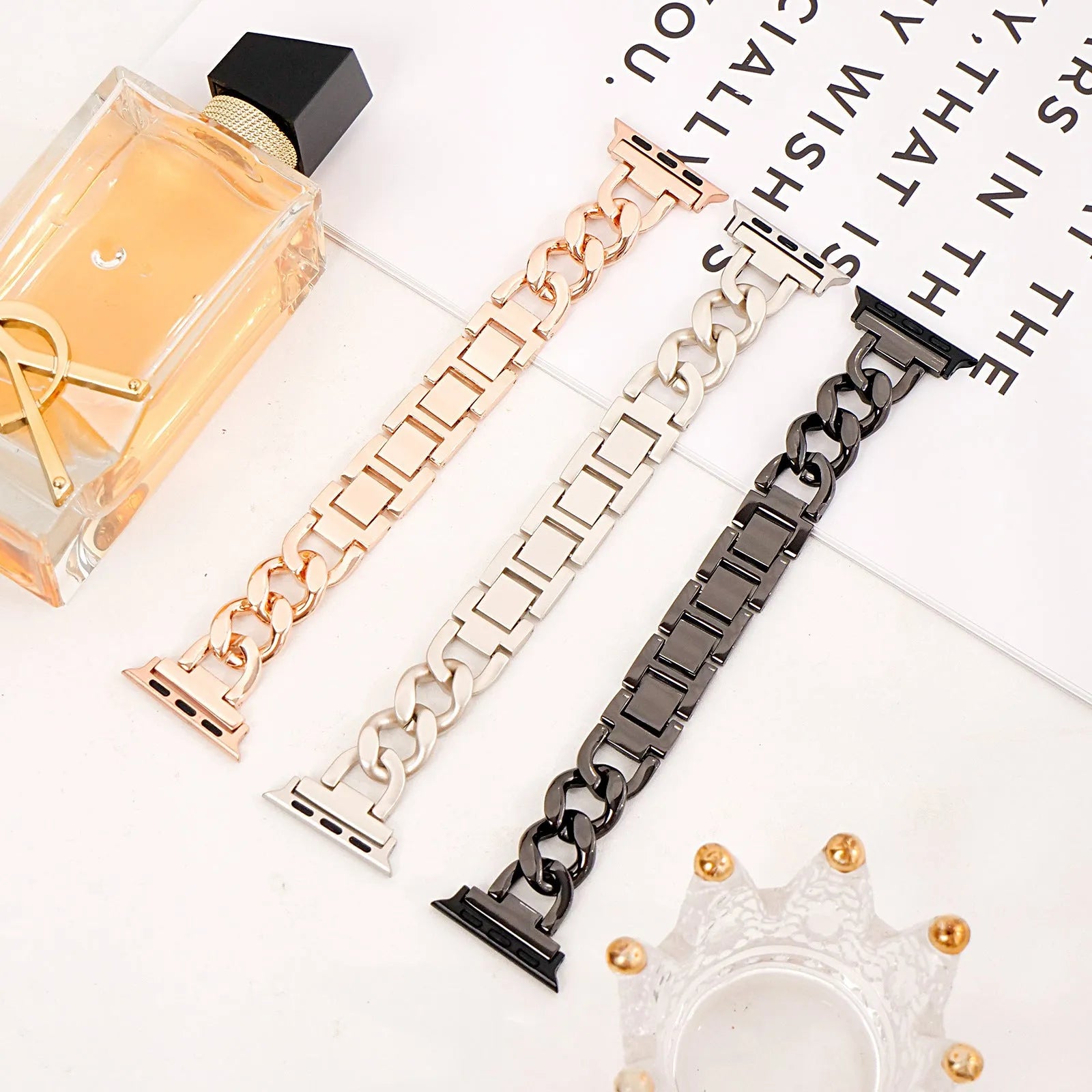 Metal chain link watch strap for Apple Watch in silver gold black rose gold and starlight finishes