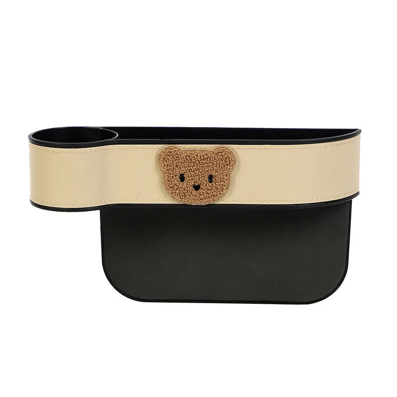 Leather car seat gap storage box with cartoon bear design for organising small vehicle items