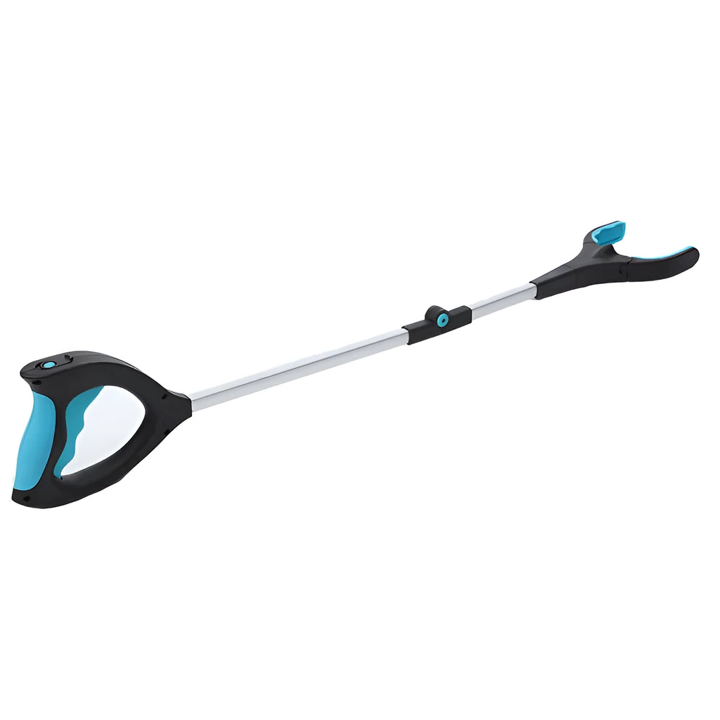 Blue foldable portable pickup trolley with aluminium frame shown in use and folded for storage.