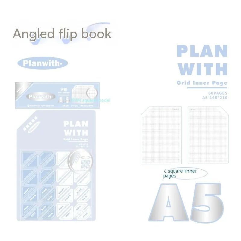 Oblique angle artsy ins style notebook in A5 and B5 sizes with white or plaid blue cover options.