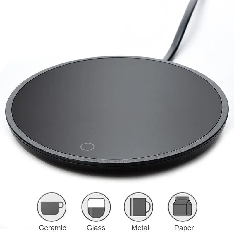 Black cup warmer heating pad with temperature switch for coffee mugs and beverages
