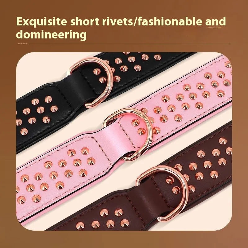 Leather dog collar with metal rivets in black, chocolate, and pink, shown in L and XL sizes.