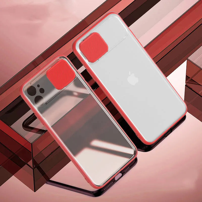 A slim iPhone case with a sliding lens cover and a card slot on the back, shown in a choice of colours.