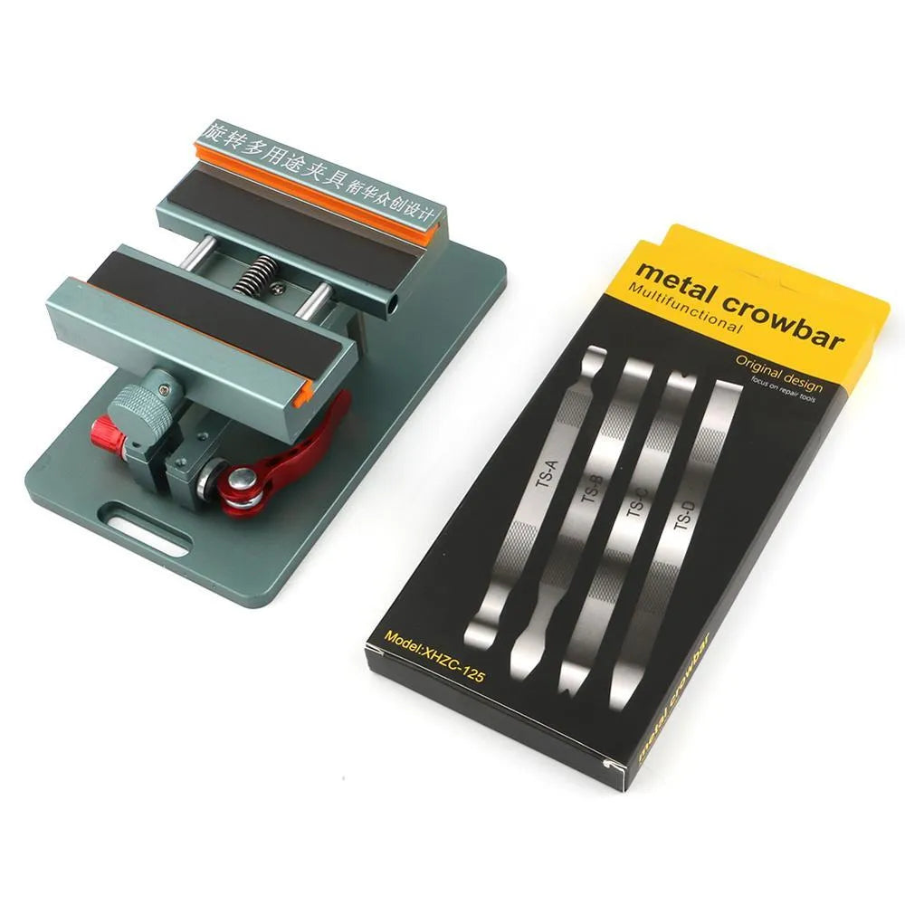 General model mobile phone repair fixture with adjustable clamps and silicone pads for rear glass removal.