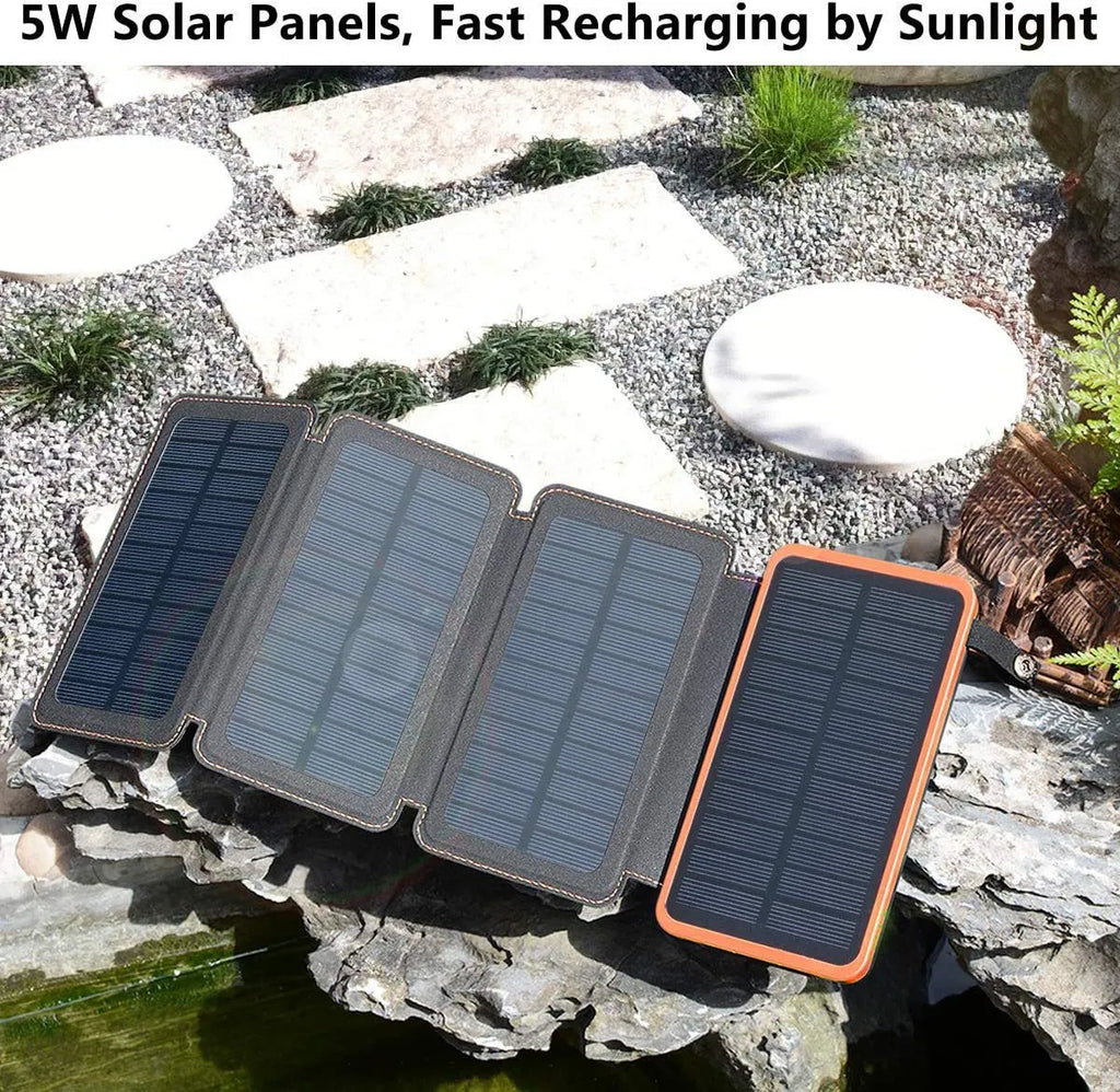 A waterproof solar power bank in one of four colours, showing the solar panel and a built-in LED light.