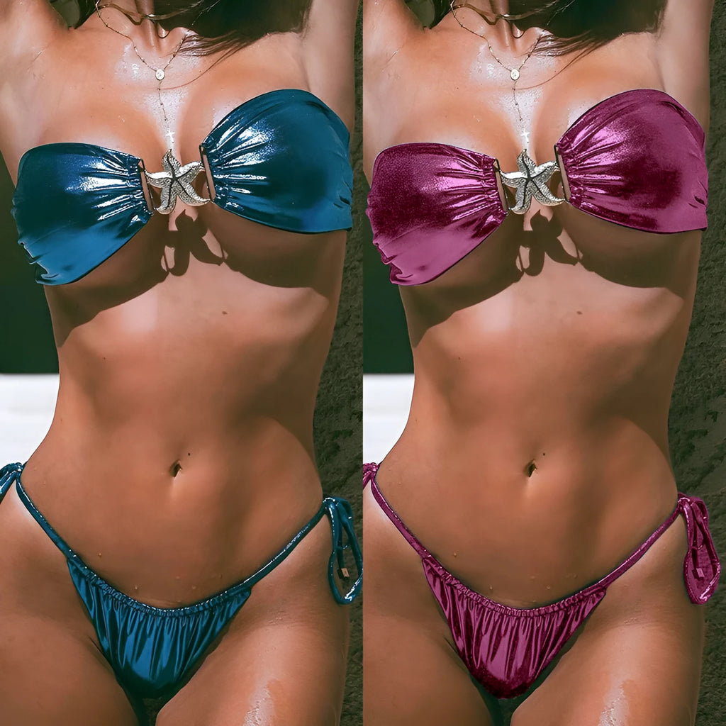 Women's glossy bikini set with gold starfish decoration in blue or pink colour