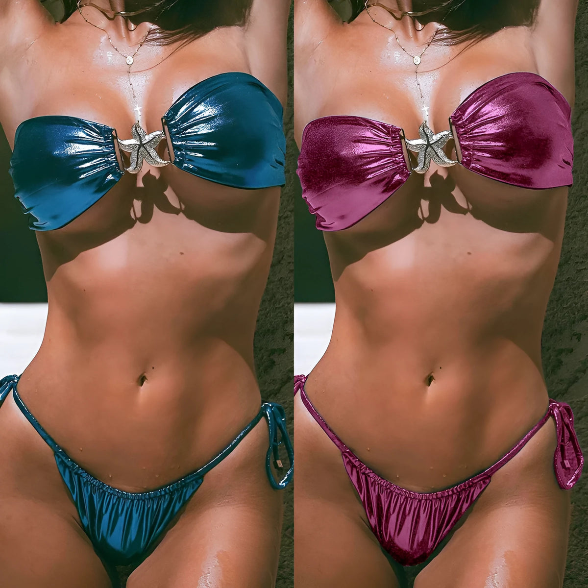 Women's glossy bikini set with gold starfish decoration in blue or pink colour