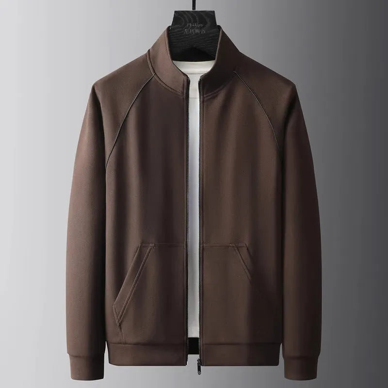 Stand collar sports suit set with slim fit in polyvinyl alcohol fibre fabric, shown in coffee colour