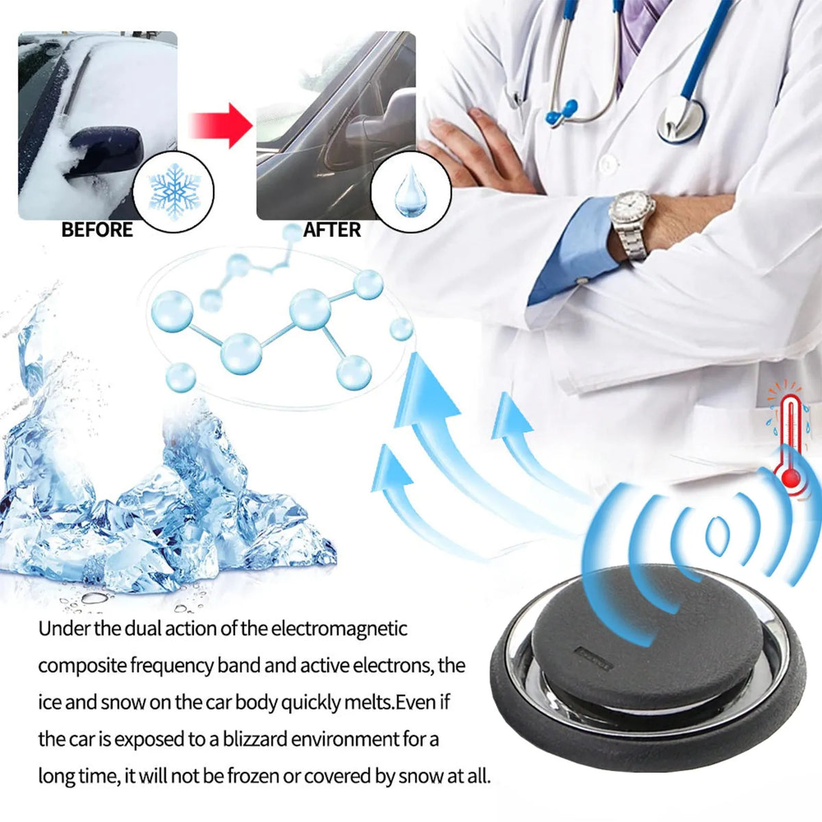 Black rectangular portable car de-icing instrument measuring 7.4x7.4x1.6cm for snow and ice removal