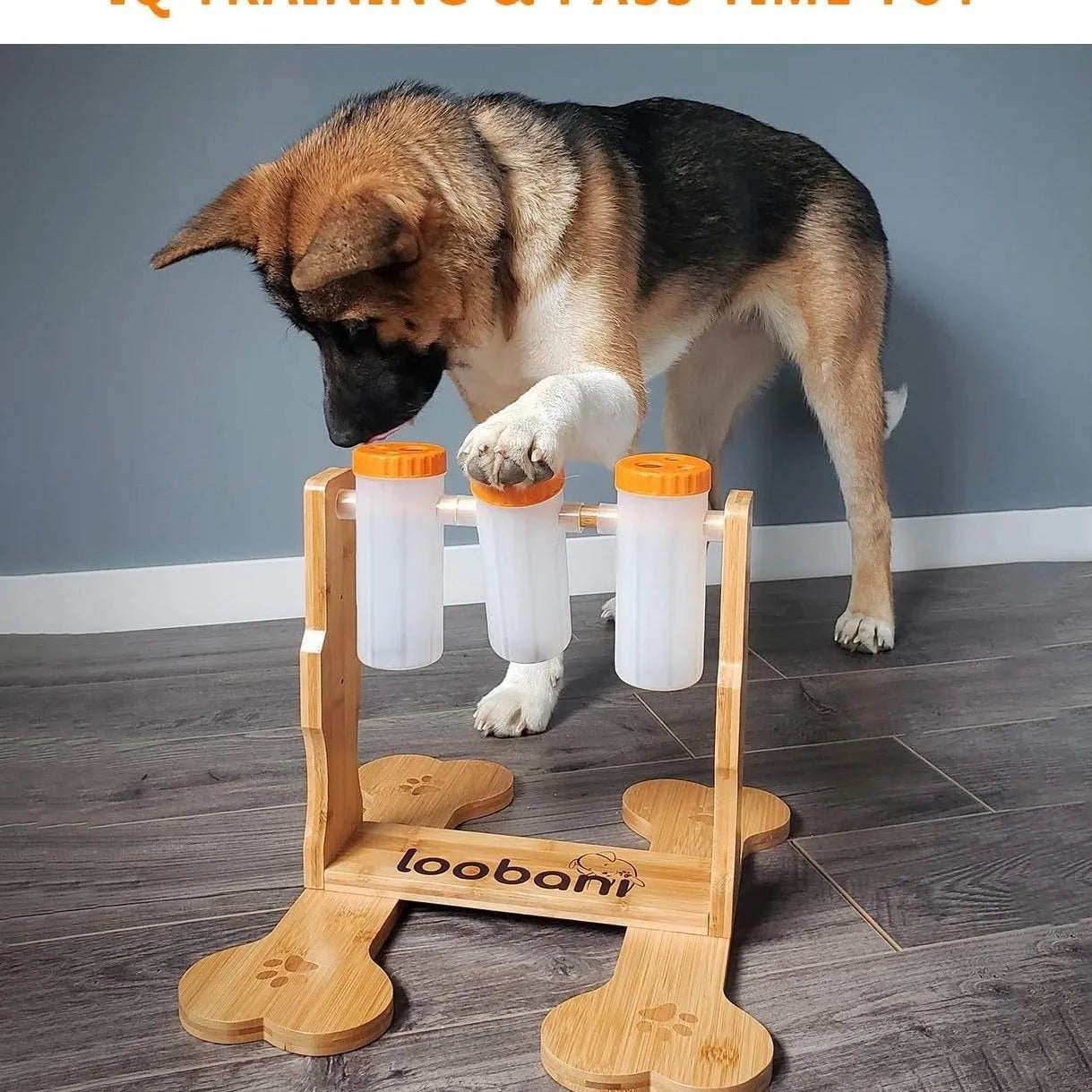 Wooden dog puzzle toy feeder with interactive design for slow feeding and mental stimulation games