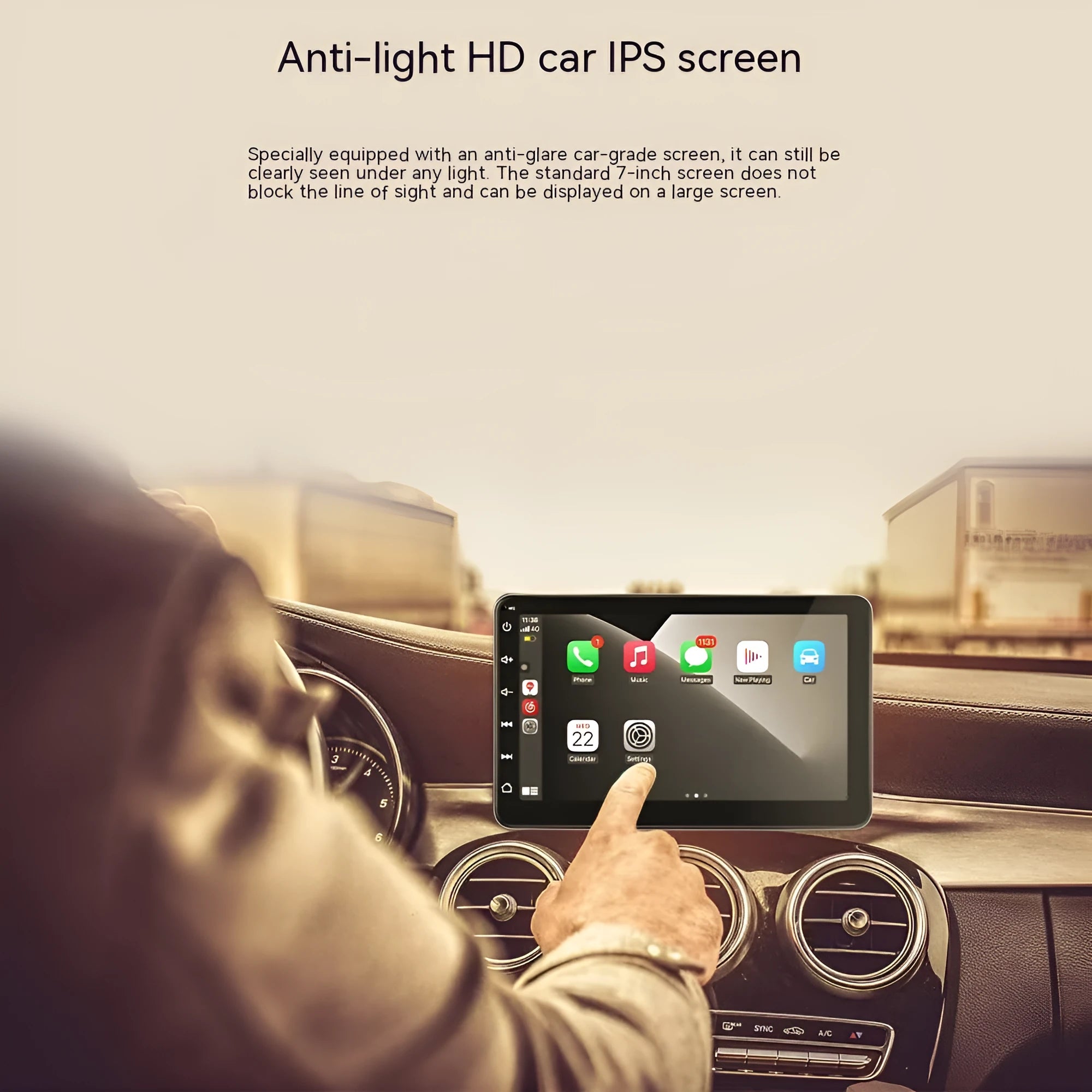7 inch car GPS navigation unit with OLED display showing map, featuring wireless CarPlay and reversing camera connectivity