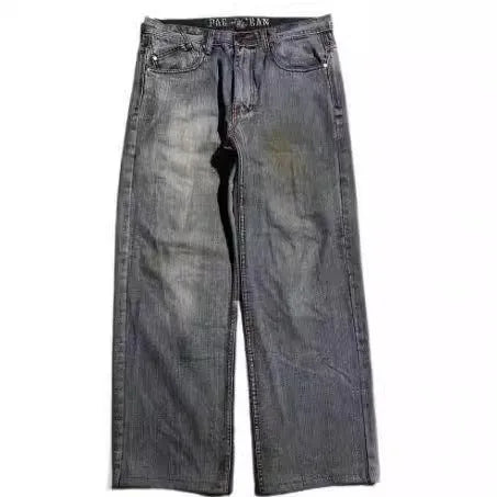 Gray washed-out men's straight-leg jeans with wide-leg design and micro-elastic polyester denim fabric