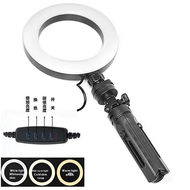 Black fill light tripod suit for mobile live streaming with colour adjustable lighting and universal smartphone bracket