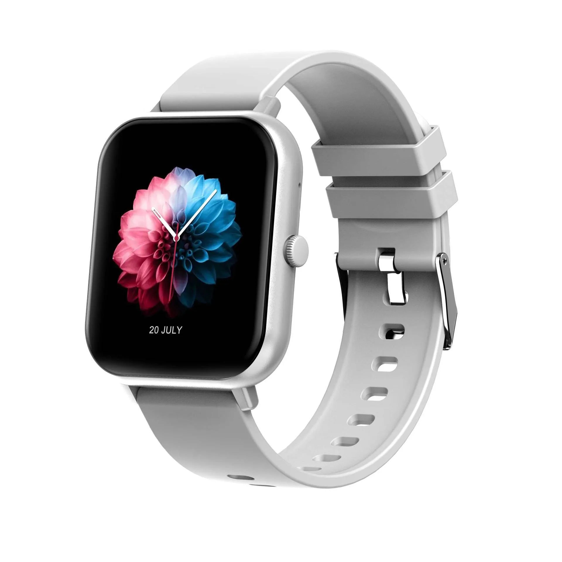 Black Bluetooth smart watch with AI voice control and heart rate monitoring on a wrist.