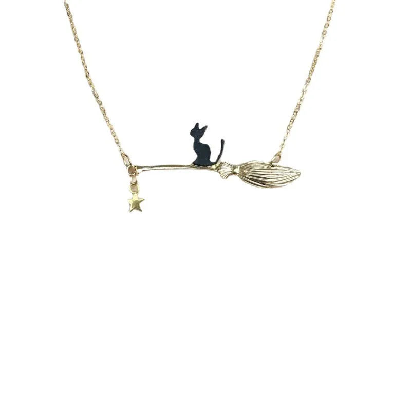Black cat pendant necklace with silver or gold finish on alloy chain