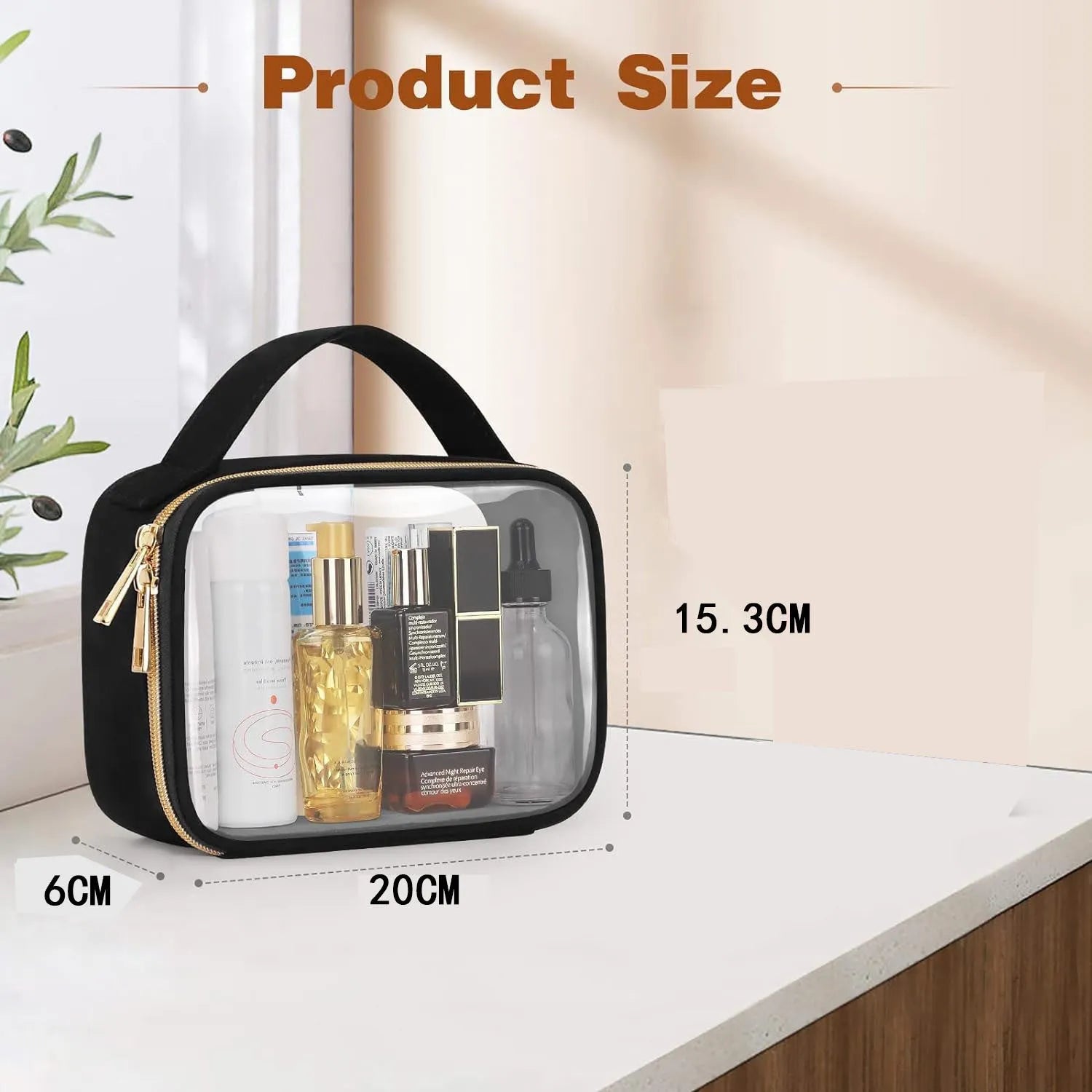 Transparent PVC wash bag with chain handle showing lipsticks inside, available in multiple colours