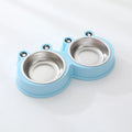 Blue stainless steel one-piece double bowl for pet food and water.