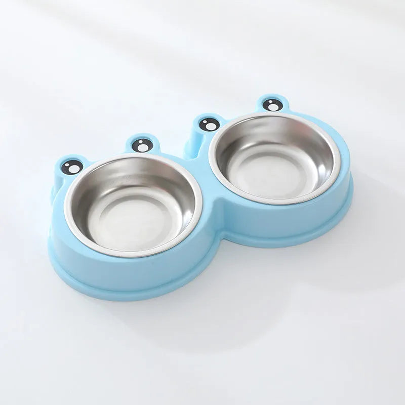 Blue stainless steel one-piece double bowl for pet food and water.