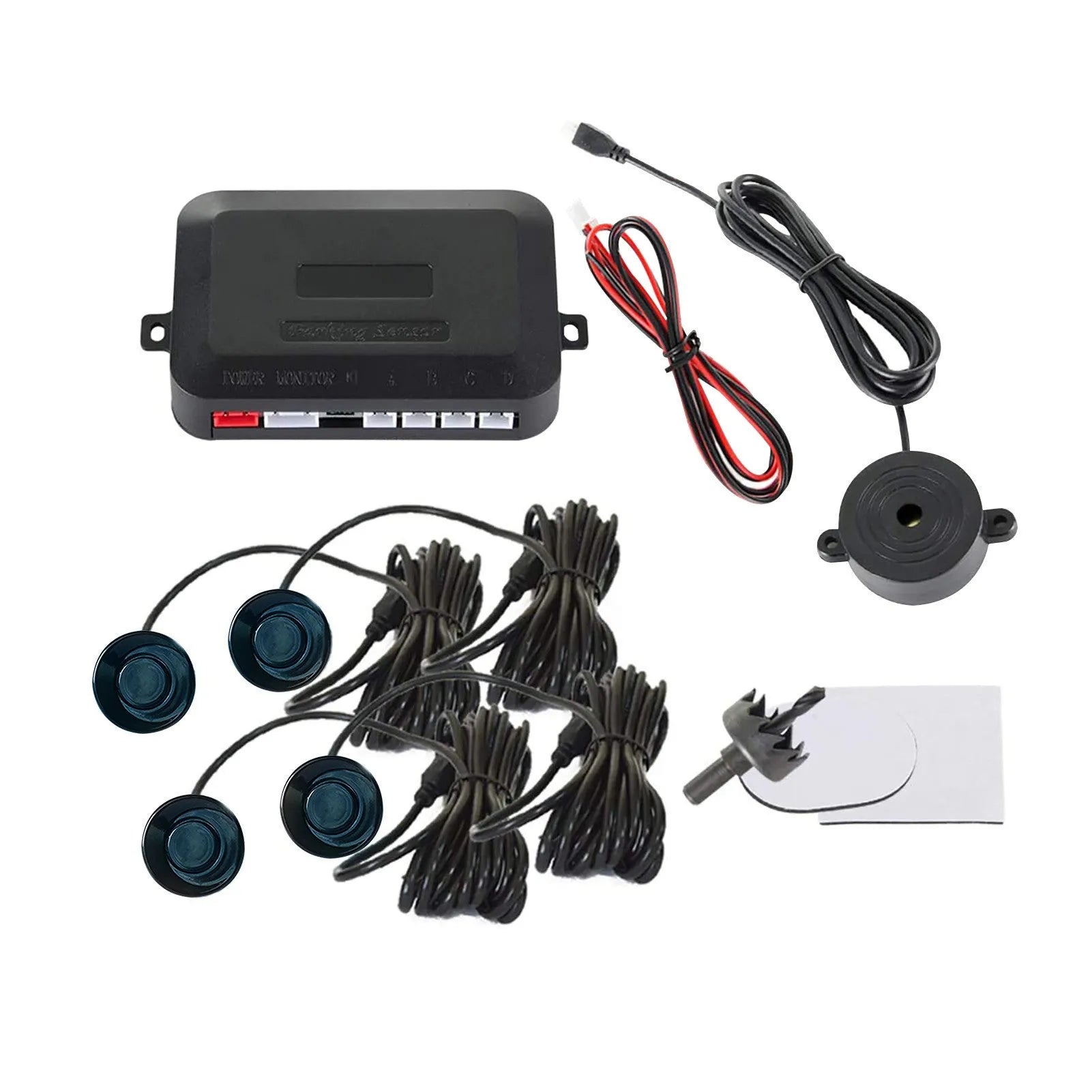 Four-sensor car reversing radar parking system with buzzer alert indicator and installation tools