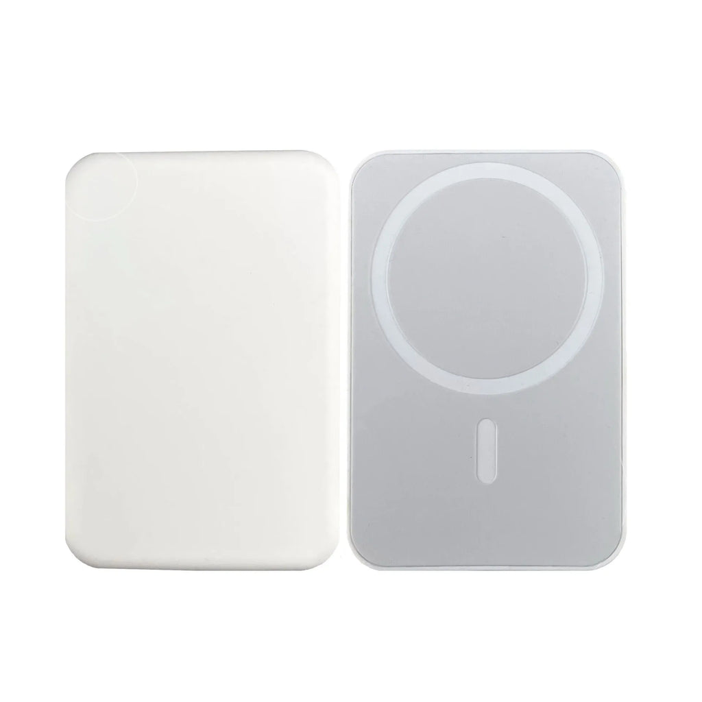 White magnetic wireless charger power bank with 5000mAh capacity showing dimensions