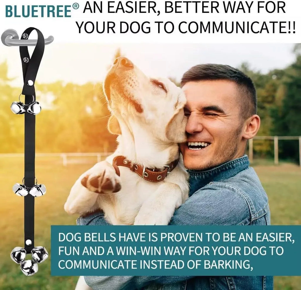Silver metal dog training bells on an adjustable black nylon strap hanging from a door