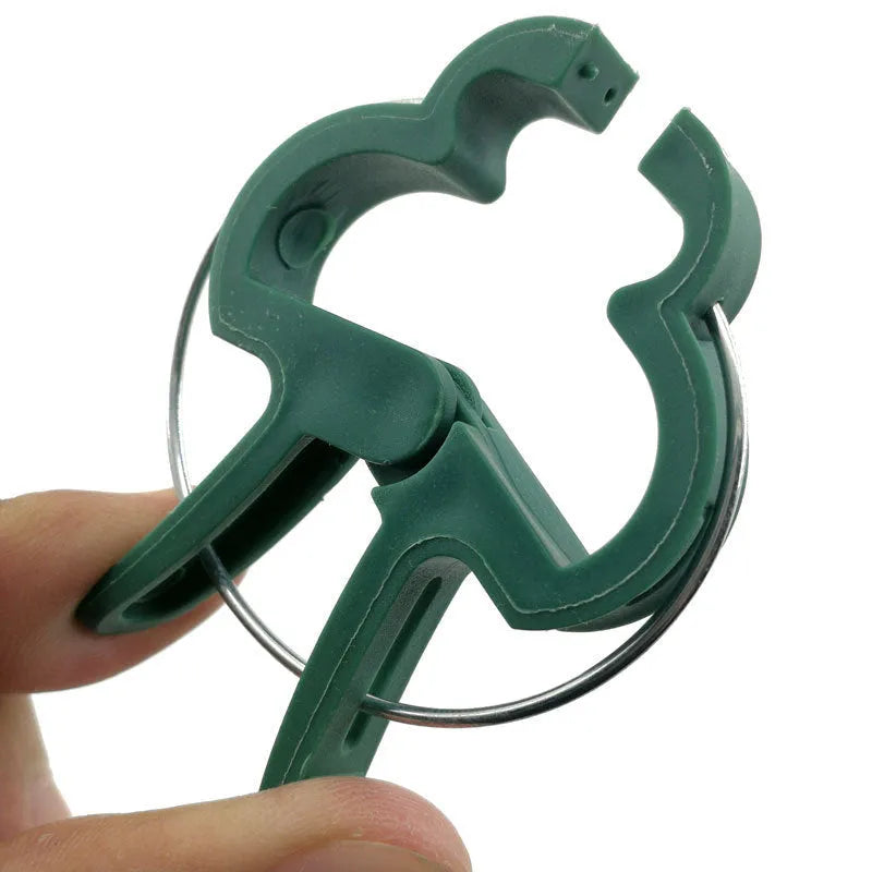 Green plastic plant fixing clips holding tomato vine to garden stake