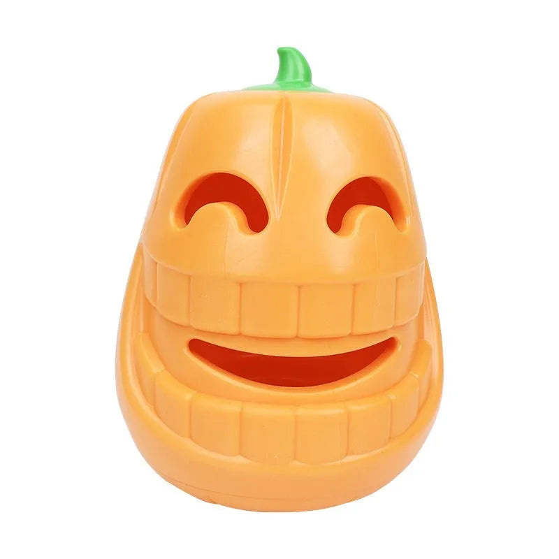 Orange Halloween pumpkin shaped interactive dog chew toy with treat dispensing funnel