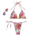 Women's triangle printed bikini swimsuit with adjustable hanging neck strap on polyester fabric