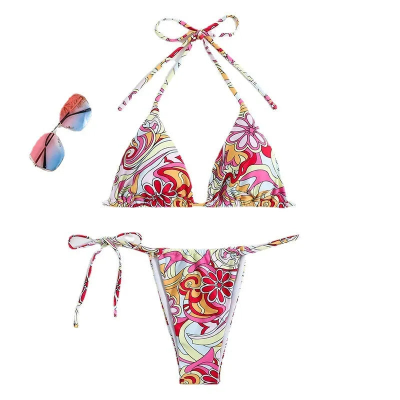 Women's triangle printed bikini swimsuit with adjustable hanging neck strap on polyester fabric