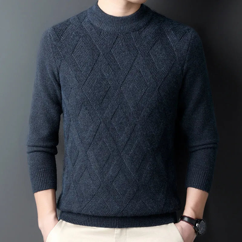 Men's diamond jacquard winter sweater in a wool blend, shown in light camel colour.
