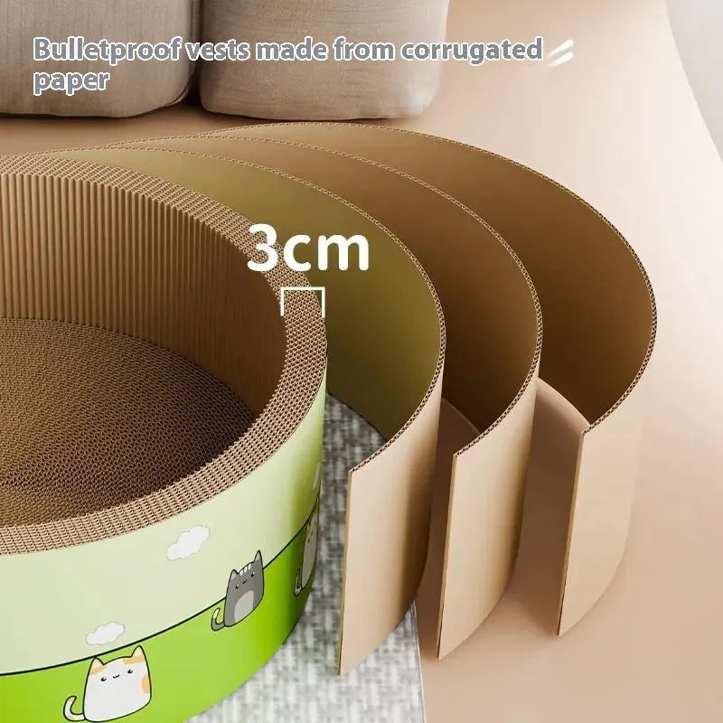 Corrugated paper cat scratch board with deep pit texture in round design, measuring 45cm or 50cm