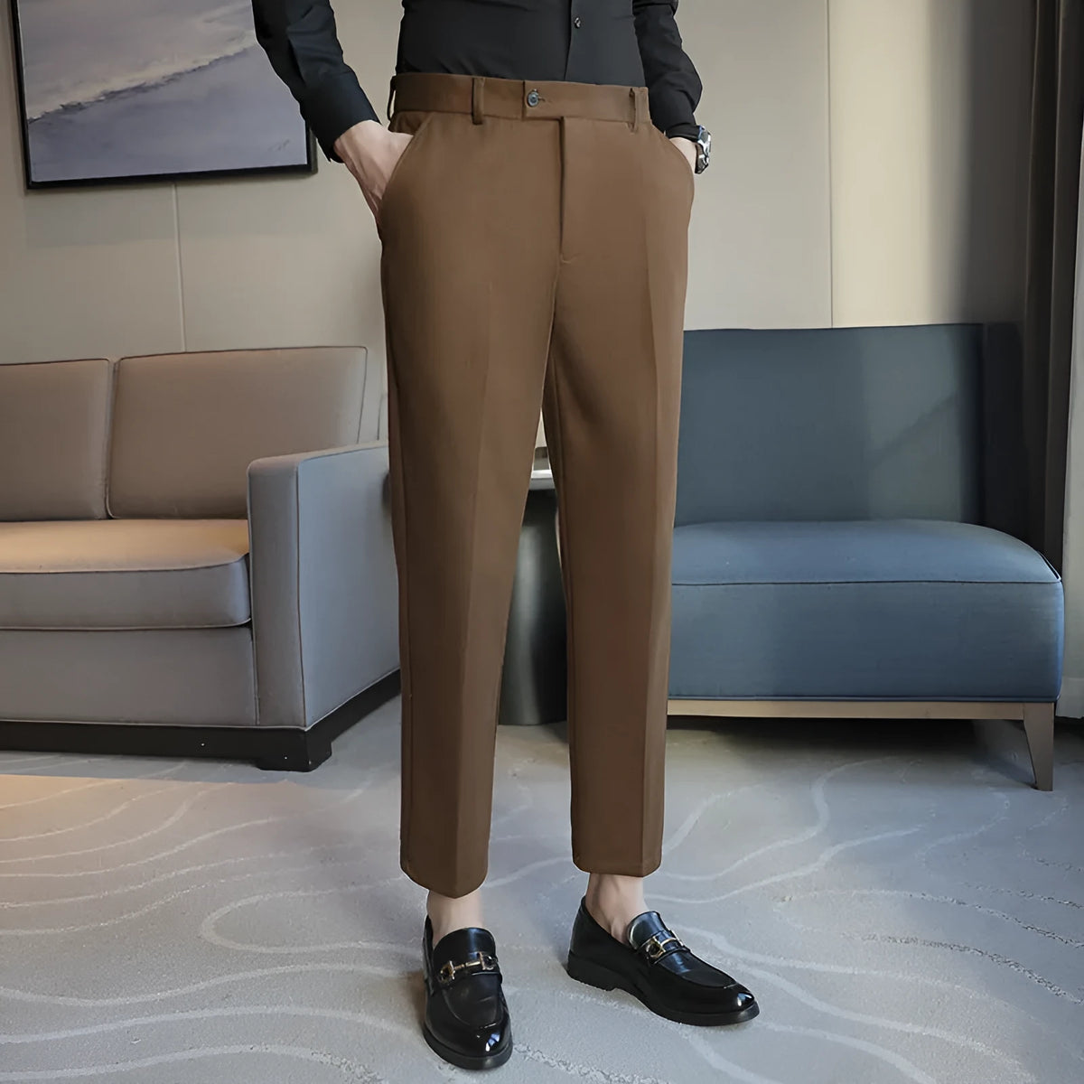 Straight-leg corduroy trousers in Retro Brown colour with elasticated waistband