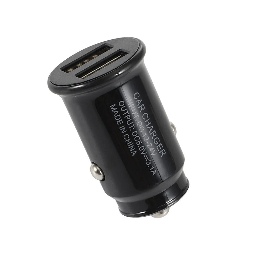 Dual USB car charger in black or white with 12-32V input and 5V 2.1A output, compact 50 x 30 x 30mm