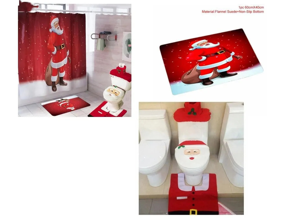 Christmas bathroom decoration set with flannel toilet cover, floor mat, and shower curtain in Santa design