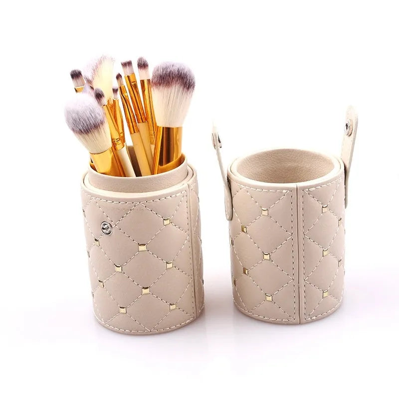 12-piece makeup brush set in beige white iron drill with storage bucket, man-made fibre hair, wooden handles, H17.5 x 6.5cm