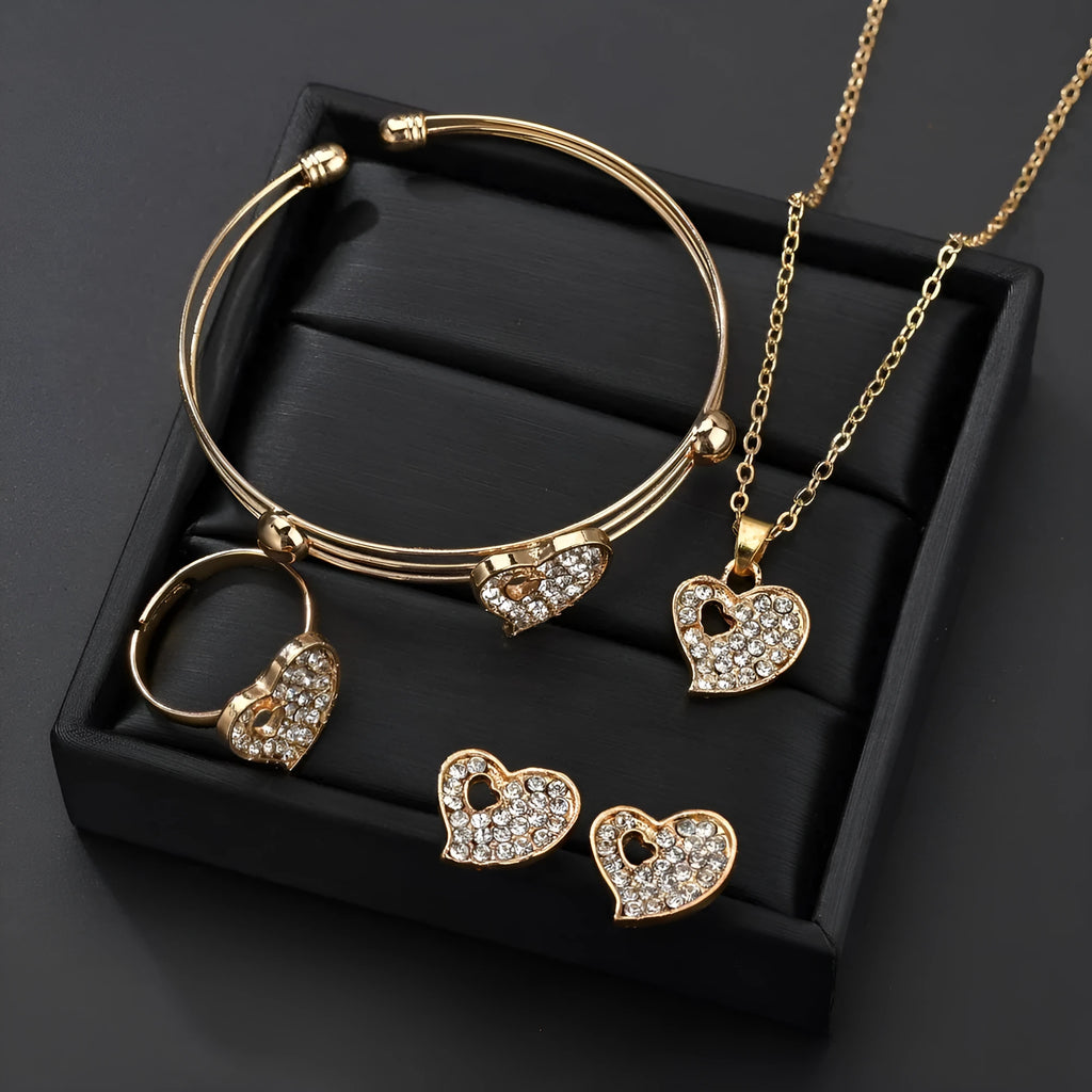 Gold tone love symbol jewellery set with earrings, pendant necklace and bracelet on 21-50cm adjustable chain