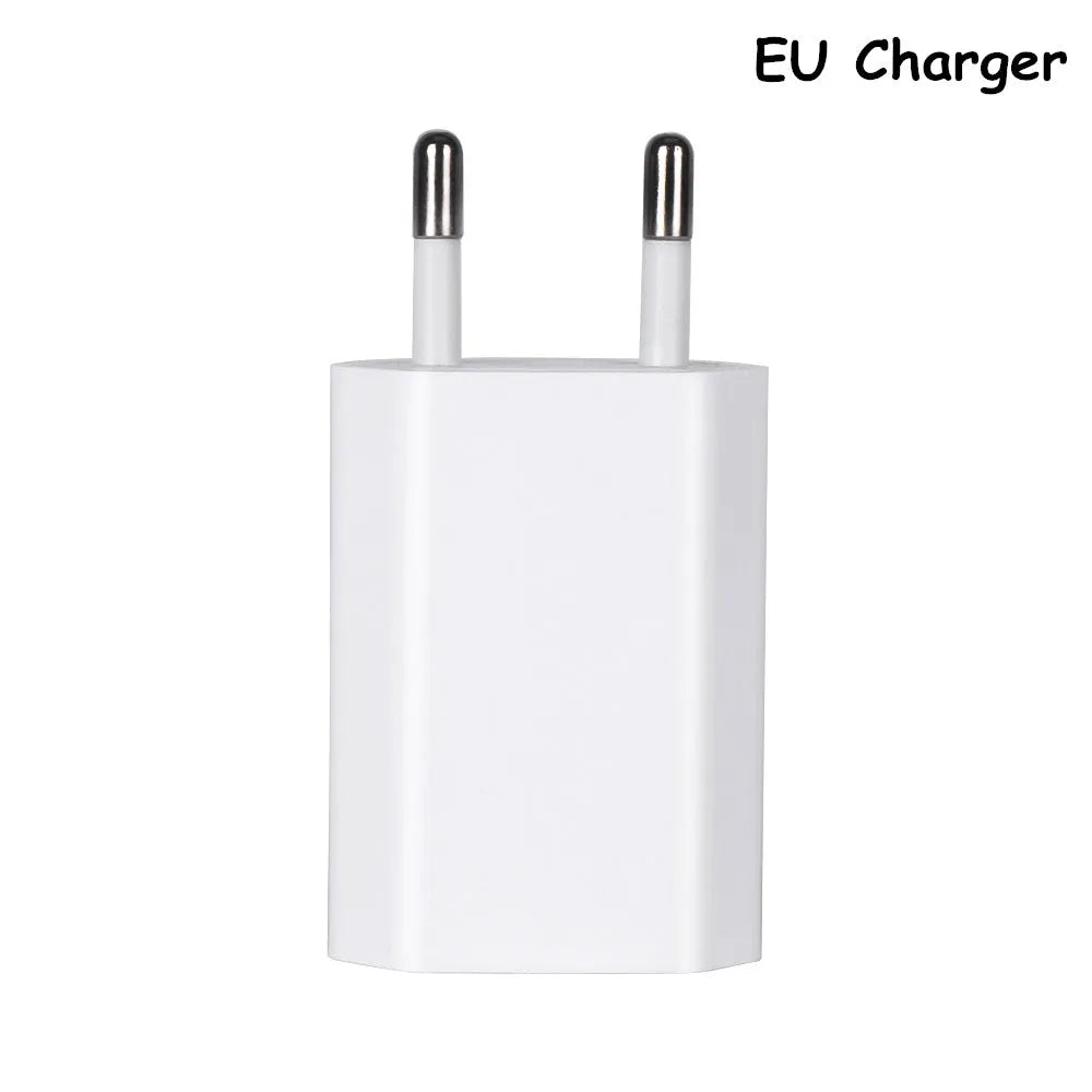 Compatible 5 volt USB travel charger and charging cable for Apple iPhone and iPad models.